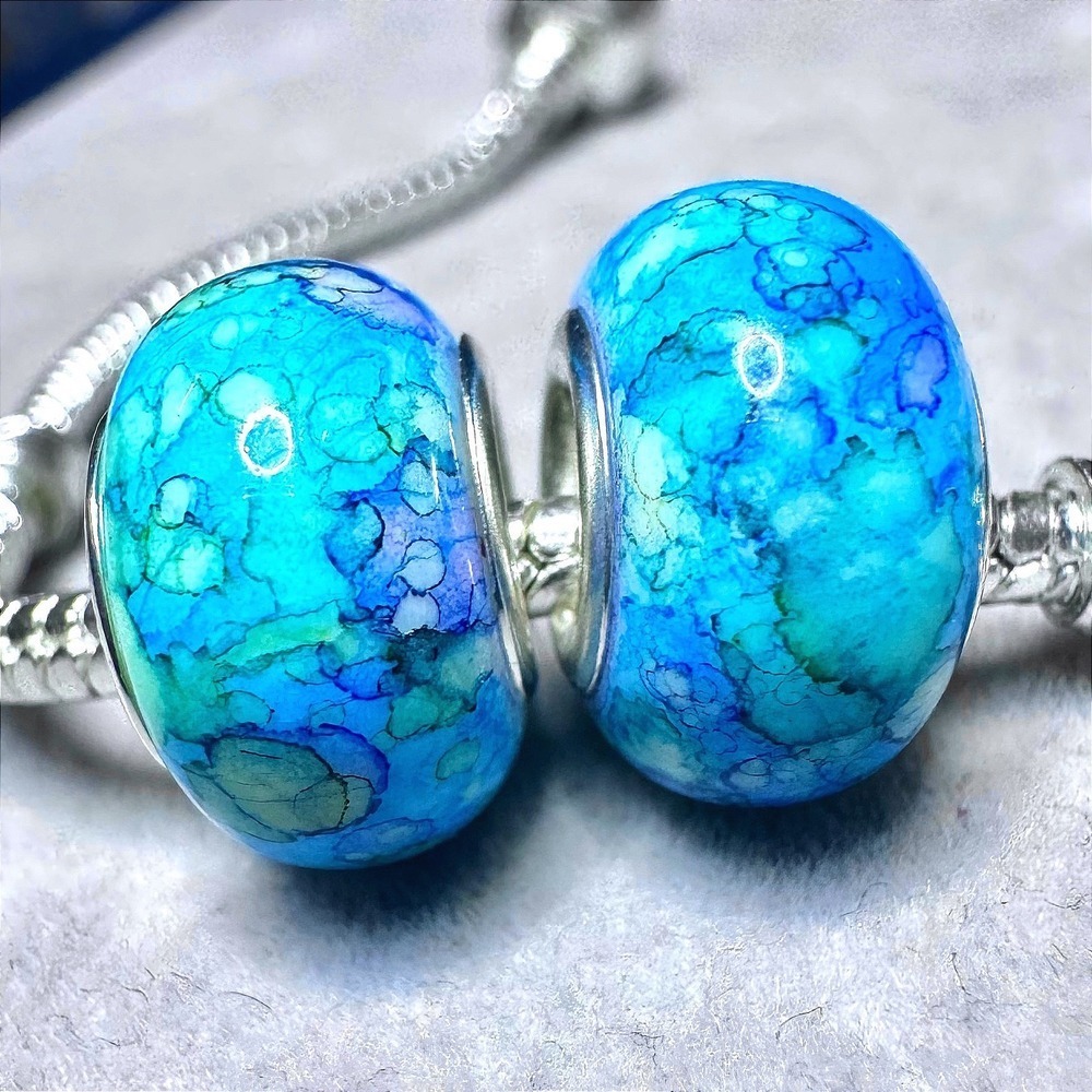 Blue Teal Marble European Charm Bead fits Pandora